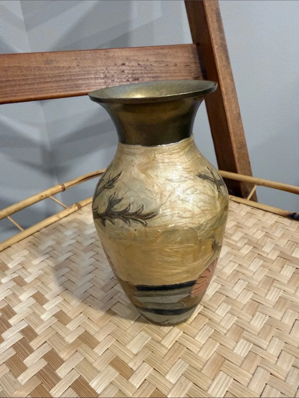 Decorative Gold Toned Floral Ceramic Vase with Coral Accents Brass  Boho